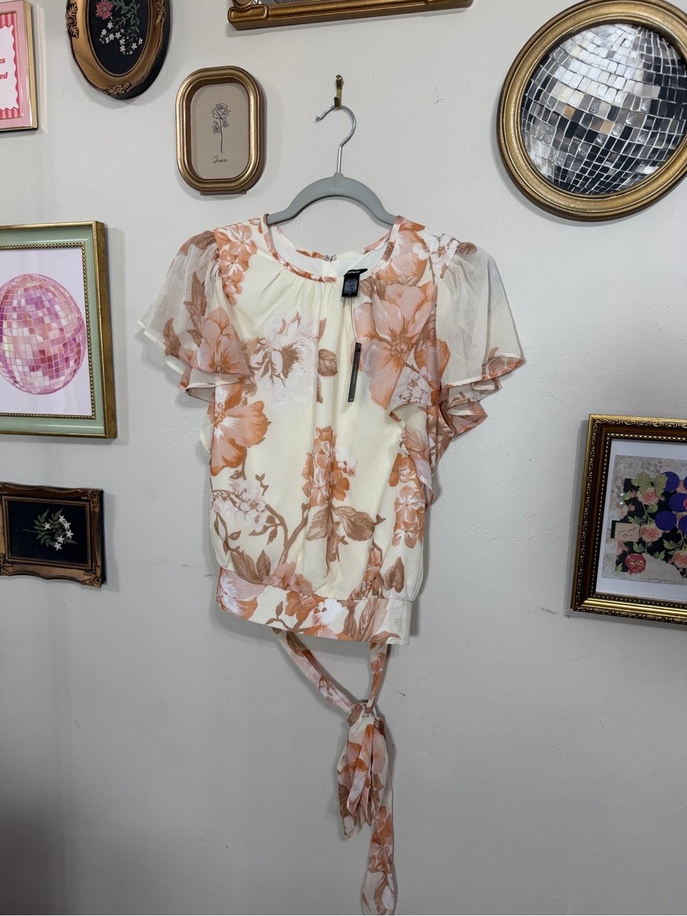 Express Peach Floral Tie-Back Flutter Sleeve Blouse